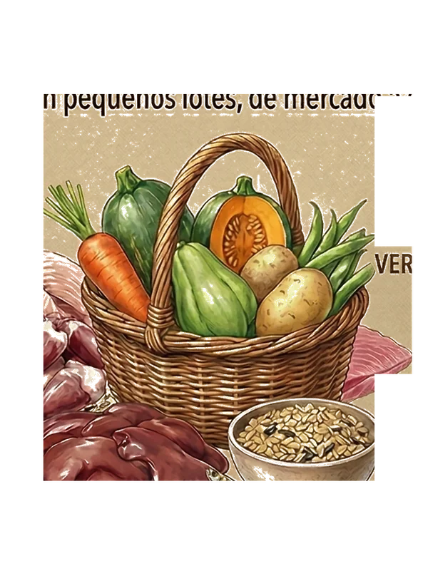 Acuarela de canasta con hígado, mollejas, pescado, verduras y granos